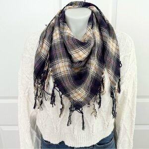 Plaid Oversized Bandana Scarf With Tassels - Purple, Navy, Yellow, and Cream